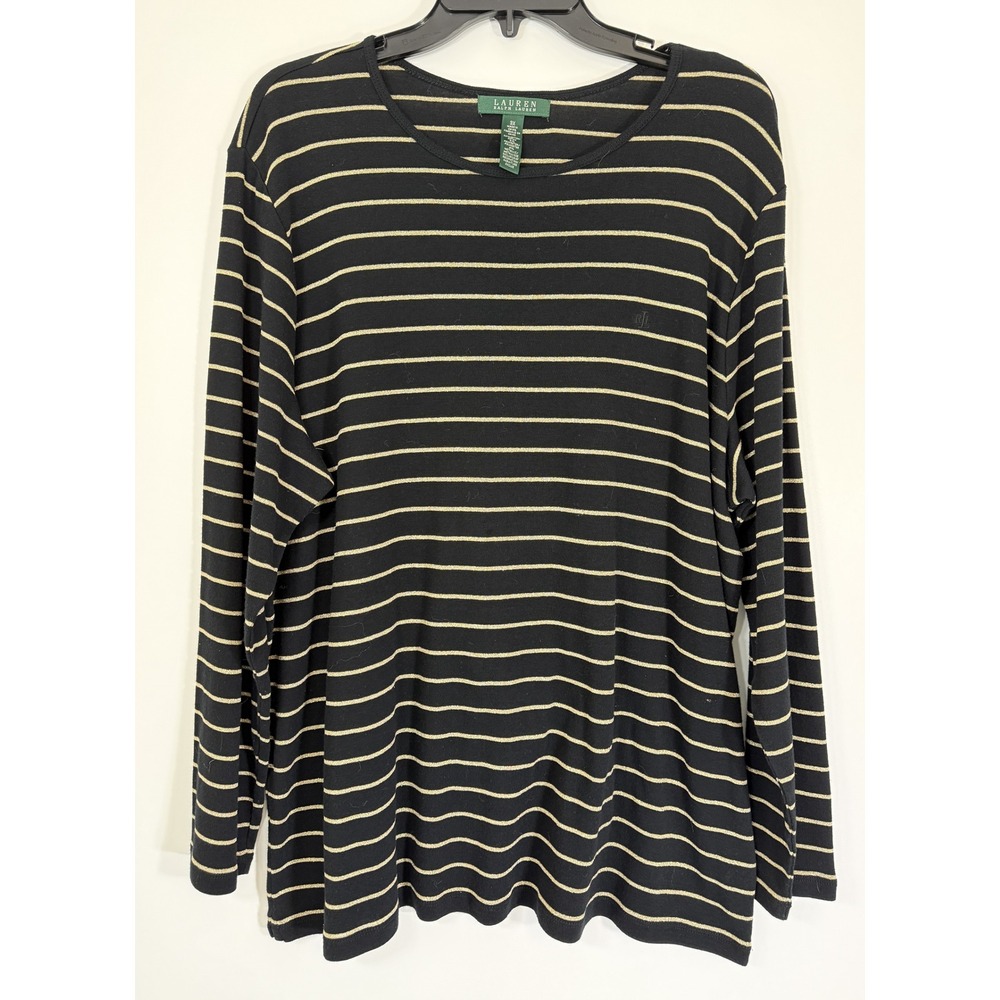 Lauren Ralph Lauren Black Gold Metallic Stripe Top Plus 3X Knit Long Sleeve
